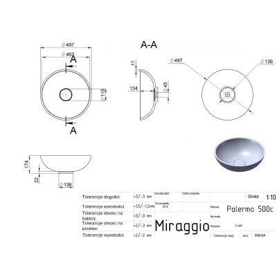 Miraggio Palermo Matt umywalka 49,7 cm okrągła nablatowa biały mat 0000231