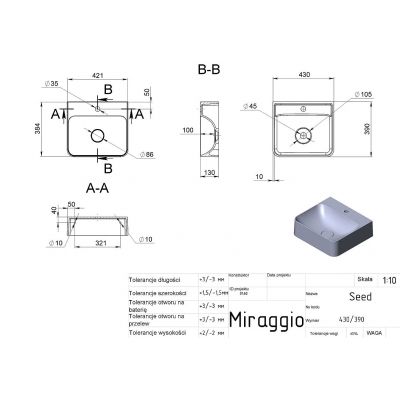 Miraggio Speed umywalka 43x39 cm prostokątna nablatowa biały połysk 0000238