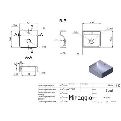 Miraggio Seed Matt umywalka 43x39 cm prostokątna nablatowa biały mat 0000239