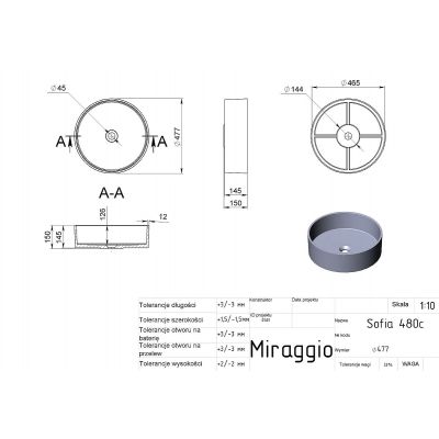 Miraggio Sofia Matt umywalka 47x47 cm okrągła nablatowa biały mat 0000243