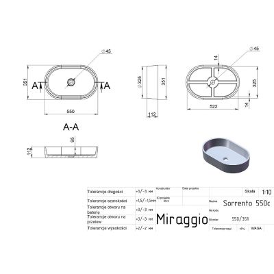 Miraggio Sorrento Matt umywalka 55x35,1 cm owalna nablatowa biały mat 0000245