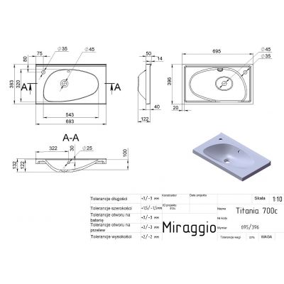 Miraggio Titania umywalka 69,5x39,6 cm prostokątna wpuszczana biały mat 0000251