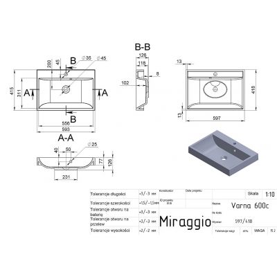 Miraggio Varna Miramarble Mat umywalka 59,7x41,8 cm prostokątna ścienna biały mat 0000255