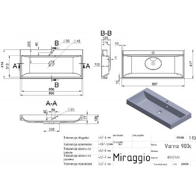 Miraggio Varna Miramarble Mat umywalka 89,7x41,7 cm prostokątna ścienna biały mat 0000261