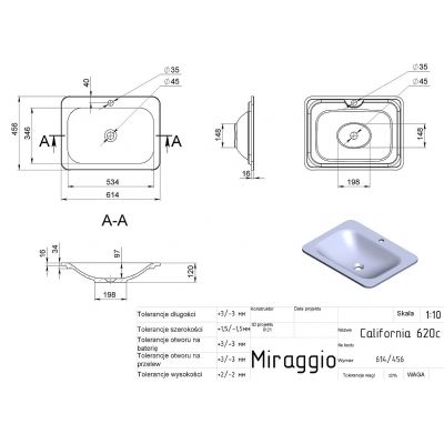 Miraggio California Mirastone umywalka 61,4x45,6 cm prostokątna wpuszczana szary mat 0000387