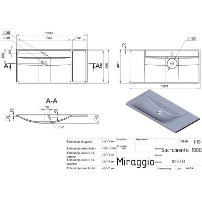 Miraggio Sacramento Mirastone umywalka 100,1x48,1 cm prostokątna wpuszczana szary mat 0000437