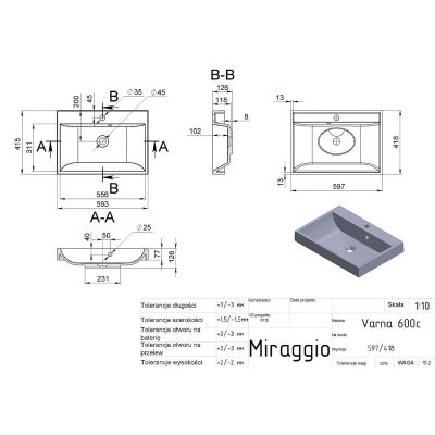Miraggio Varna Mirastone umywalka 69,4x41,6 cm prostokątna ścienna szary mat 0000448