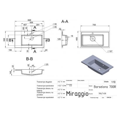 Miraggio Barcelona R Matt umywalka 70x40 cm prostokątna wpuszczana biały mat 0000483