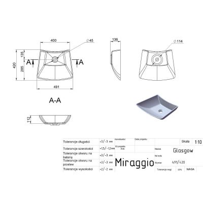 Miraggio Glasgow Matt umywalka 49,1x42 cm prostokątna nablatowa biały mat 0000531