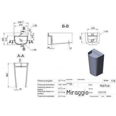 Miraggio Halifax Matt umywalka 52,9x43 cm prostokątna wolnostojąca biały mat 0000533