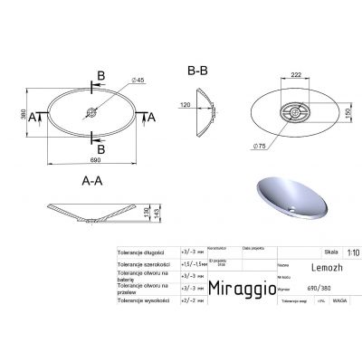Miraggio Lemozh Matt umywalka 69x38 cm owalna wpuszczana biały mat 0000545