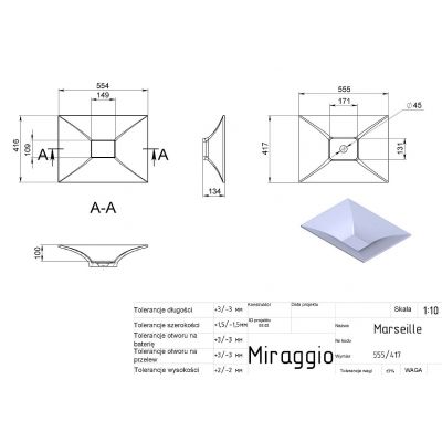 Miraggio Marseille Mirasoft umywalka 55,4x41,6 cm prostokątna nablatowa biały mat 0000551