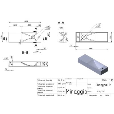 Miraggio Shanghai R Matt umywalka 80,8x25,8 cm prostokątna nablatowa biały mat 0000577