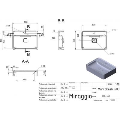Miraggio Marrakesh 600 Matt umywalka 60x45 cm prostokątna ścienna-nablatowa biały mat 0000672