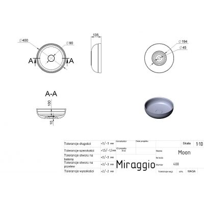 Miraggio Moon Matt umywalka 40 cm okrągła nablatowa biały mat 0000675