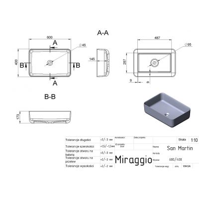 Miraggio San Martin Matt umywalka 60x43 cm prostokątna nablatowa biały mat 0000676