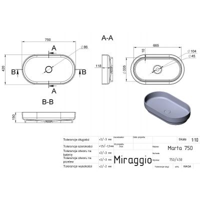 Miraggio Marta 750 Matt umywalka 75x42 cm owalna nablatowa biały mat 0000729