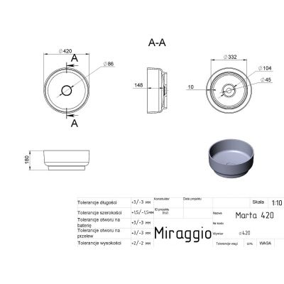 Miraggio Marta 420 Matt umywalka 42 cm okrągła nablatowa biały mat 0000730