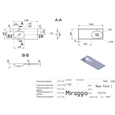 Miraggio New York 1200 L Matt umywalka 120x50 cm prostokątna nablatowa biały mat 0000768