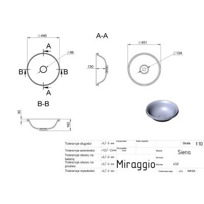 Miraggio Siena umywalka 45,1 cm okrągła wpuszczana biały mat 0000769