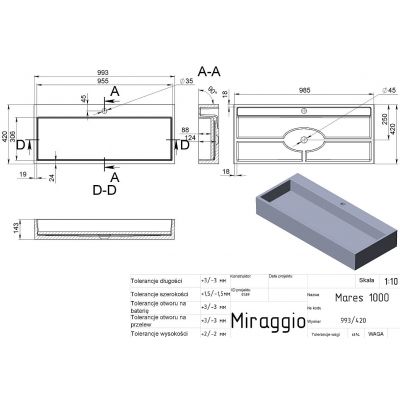 Miraggio Mares Matt umywalka 99,3x42 cm prostokątna nablatowa biały mat 0000770