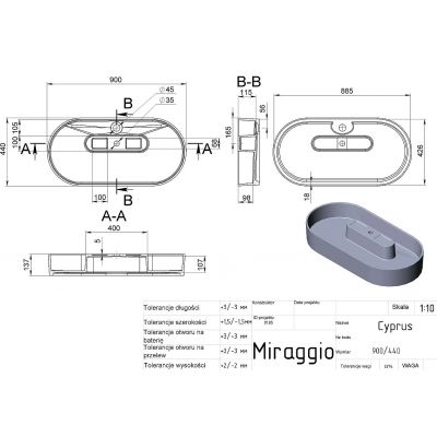 Miraggio Cyprus Matt umywalka 88,5x42,6 cm owalna nablatowa biały mat 0000790