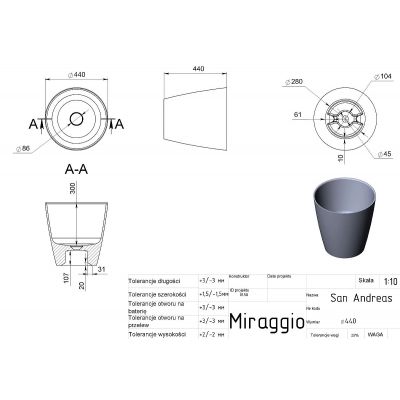 Miraggio San Andreas Mat umywalka 44 cm okrągła nablatowa biały mat 0000795