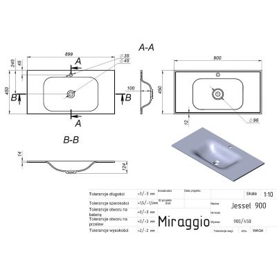 Miraggio Jessel Matt umywalka 90x45 cm prostokątna wpuszczana biały mat 0000799