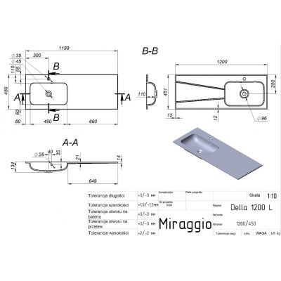 Miraggio Della L Matt umywalka 120x45,1 cm prostokątna wpuszczana biały mat 0000913