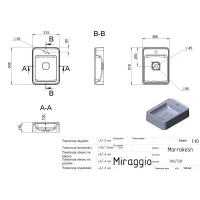 Miraggio Marrakesh 380 Matt umywalka 51,9x39 cm prostokątna ścienna-nablatowa biały mat 0000935