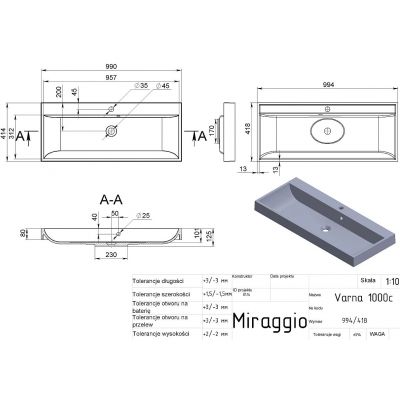Miraggio Varna Mirastone umywalka 99,4x41,8 cm prostokątna ścienna szary mat 0000983