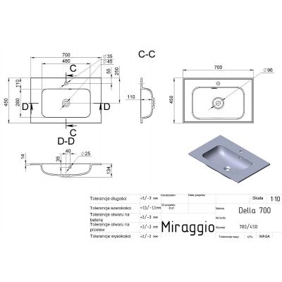 Miraggio Della Mirastone umywalka 70x45 cm prostokątna wpuszczana szary mat 0000986