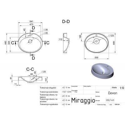 Miraggio Devon Mirastone umywalka 55x44,9 cm owalna wpuszczana szary mat 0000993