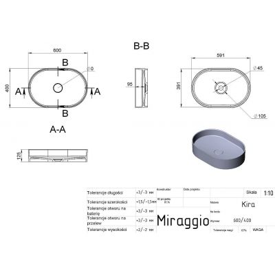 Miraggio Kira umywalka 60x40 cm owalna nablatowa biała 0001005
