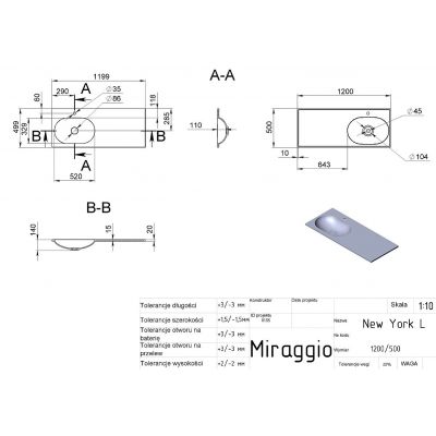 Miraggio New York 1200 L Mirasoft umywalka 120x50 cm prostokątna nablatowa biały mat 0001043