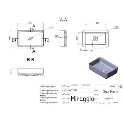 Miraggio San Martin Mirasoft umywalka 60x40 cm prostokątna nablatowa biały mat 0001050