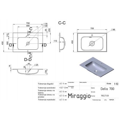 Miraggio Della Mirasoft umywalka 70x45 cm prostokątna wpuszczana biały mat 0001069