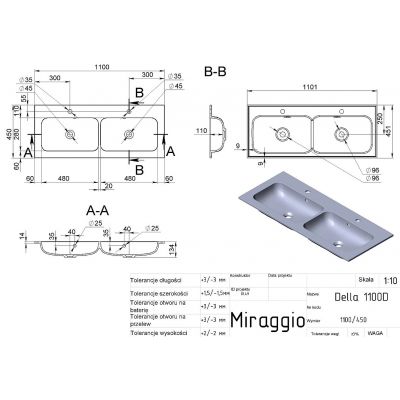 Miraggio Della Mirasoft umywalka 120x45,1 cm prostokątna wpuszczana biały mat 0001075