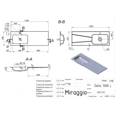 Miraggio Della L Mirasoft umywalka 120x45,1 cm prostokątna wpuszczana biały mat 0001076