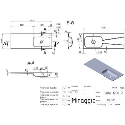 Miraggio Della  R Mirasoft umywalka 120x45,1 cm prostokątna wpuszczana biały mat 0001077