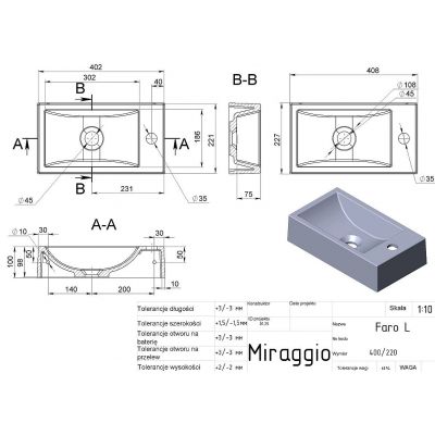 Miraggio Faro L Mirasoft umywalka 40,8x22,7 cm prostokątna nablatowa biały mat 0001082