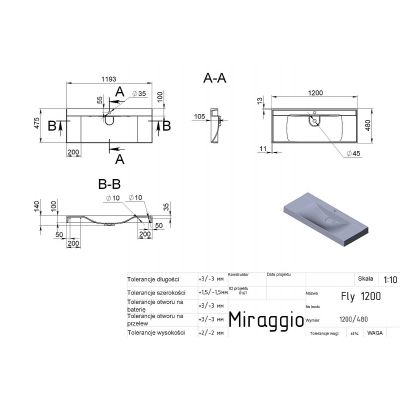 Miraggio Fly umywalka 120x48 cm prostokątna wpuszczana biały mat 0001085
