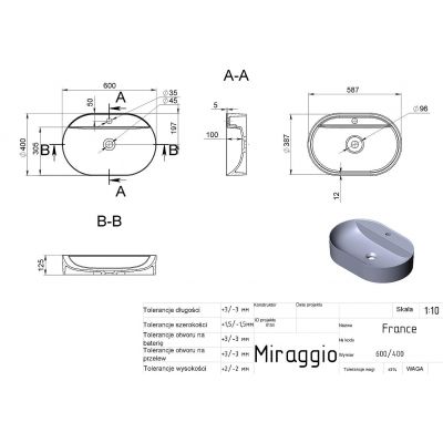 Miraggio France Mirasoft umywalka 60x40 cm owalna nablatowa biały mat 0001086