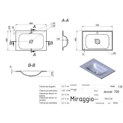 Miraggio Jessel Mirastone umywalka 70x45 cm prostokątna wpuszczana biały mat 0001089