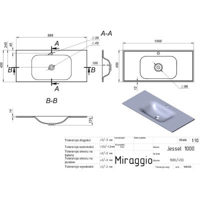Miraggio Jessel Mirasoft umywalka 100x45 cm prostokątna wpuszczana biały mat 0001092
