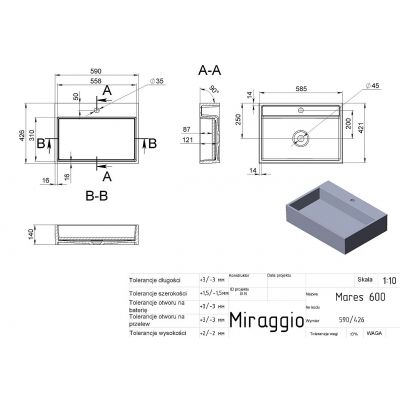 Miraggio Mares 600 Mirasoft umywalka 59x42,6 cm prostokątna nablatowa biały mat 0001100