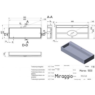 Miraggio Mares Mirasoft umywalka 99,3x42 cm prostokątna nablatowa biały mat 0001102