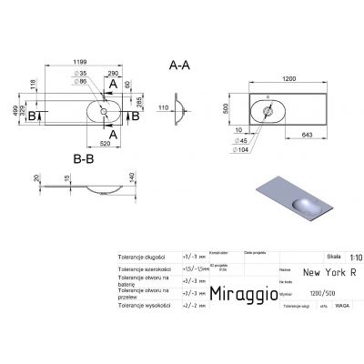 Miraggio New York 1200 R Mirasoft umywalka 120x50 cm prostokątna nablatowa biały mat 0001109