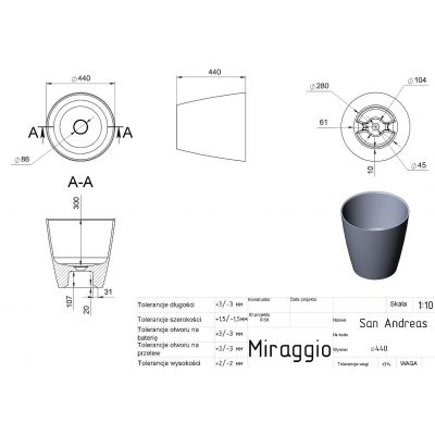 Miraggio San Andreas Mirasoft umywalka 44 cm okrągła nablatowa biały mat 0001115