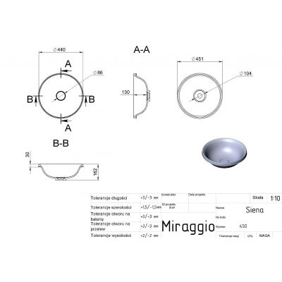 Miraggio Siena Mirasoft umywalka 45,1 cm okrągła wpuszczana biały mat 0001117